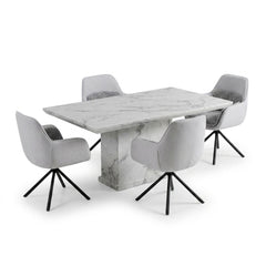 Carpi Grey Fabric Swivel Chairs White Marble 150cm Dining Set
