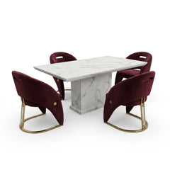 Carpi Maroon Velvet Chairs White Marble 150cm Dining Set