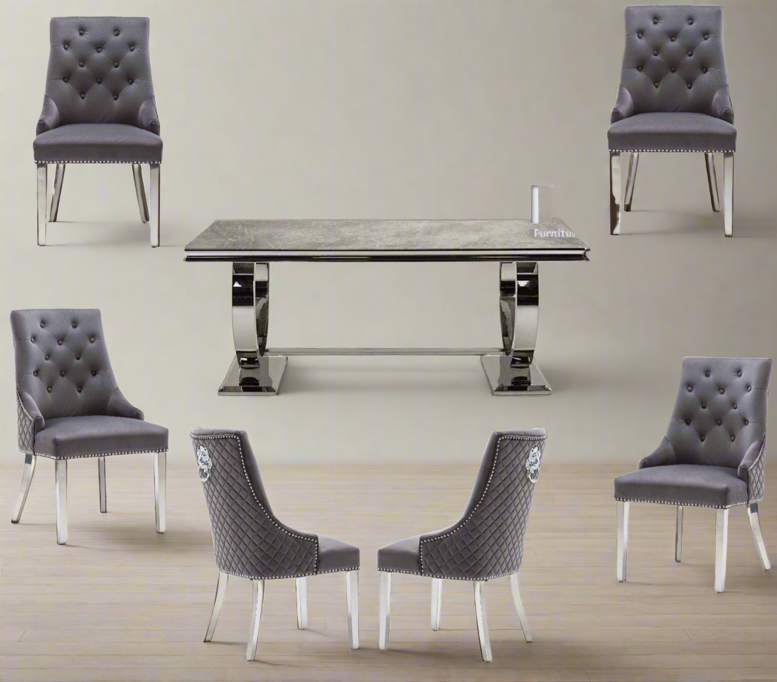 Arianna 200CM White Marble Dining Table With Set of Lion Knocker Plush Velvet Dining Chairs