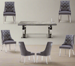 Arianna 200CM White Marble Dining Table With Set of Lion Knocker Plush Velvet Dining Chairs