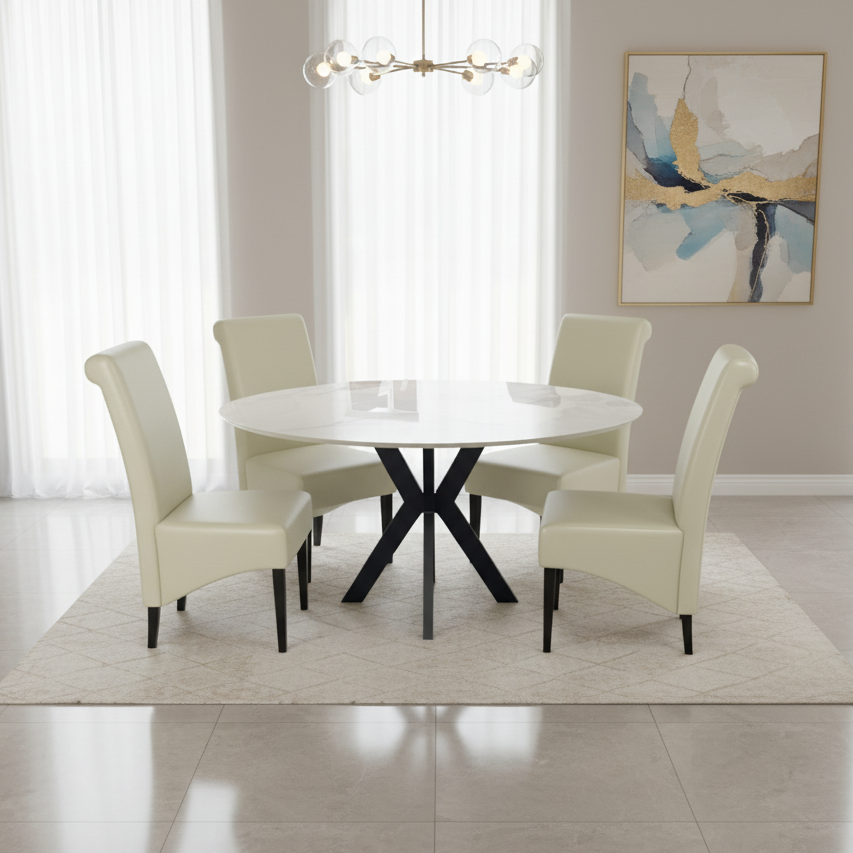 130cm Round White Marble Dining Set | 4 Cream PU Chairs