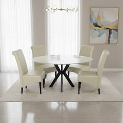 130cm Round White Marble Dining Set | 4 Cream PU Chairs