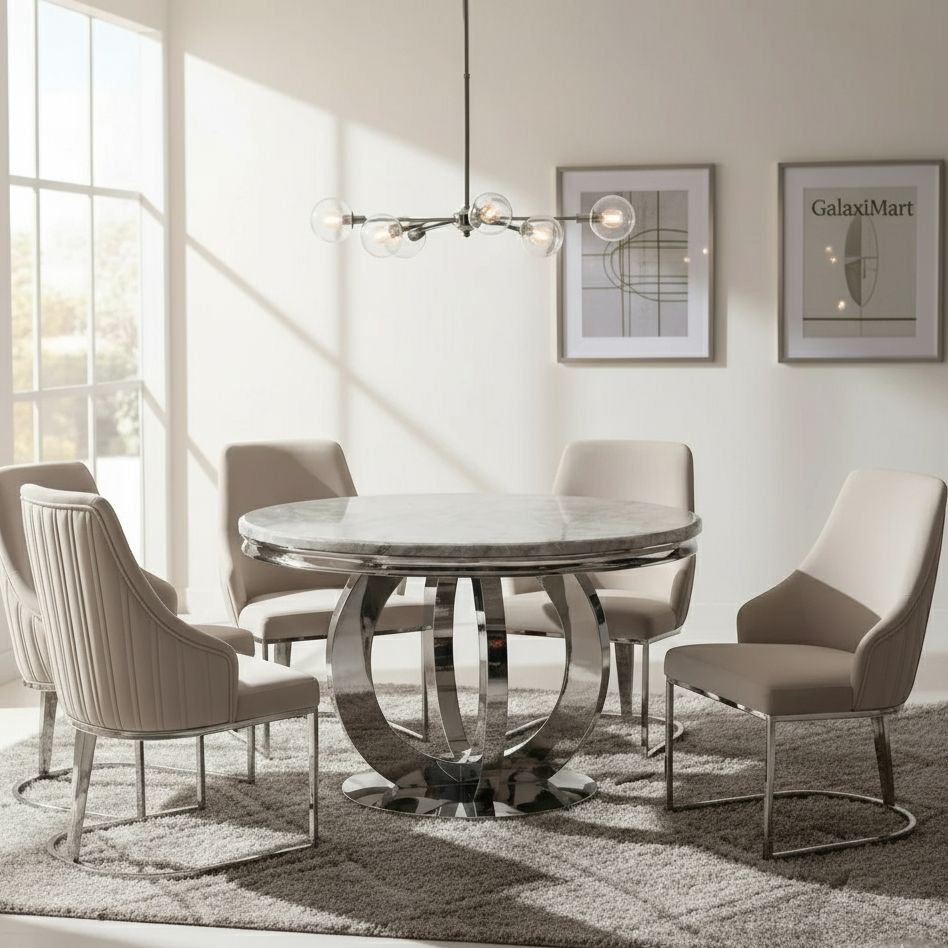 Chelsea 1.3m Round Marble Dining Table with Lasco Velvet Dining Chairs