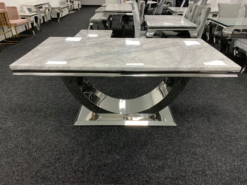 Arial 150cm Grey Marble Dining Table + Valentino Button Back Lion Knocker Velvet Chairs
