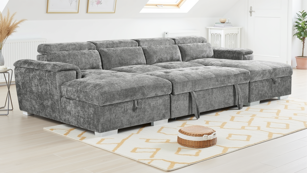 Alaya U-Shape Corner Sofa Bed in Grey | Luxury Fabric Sleeper