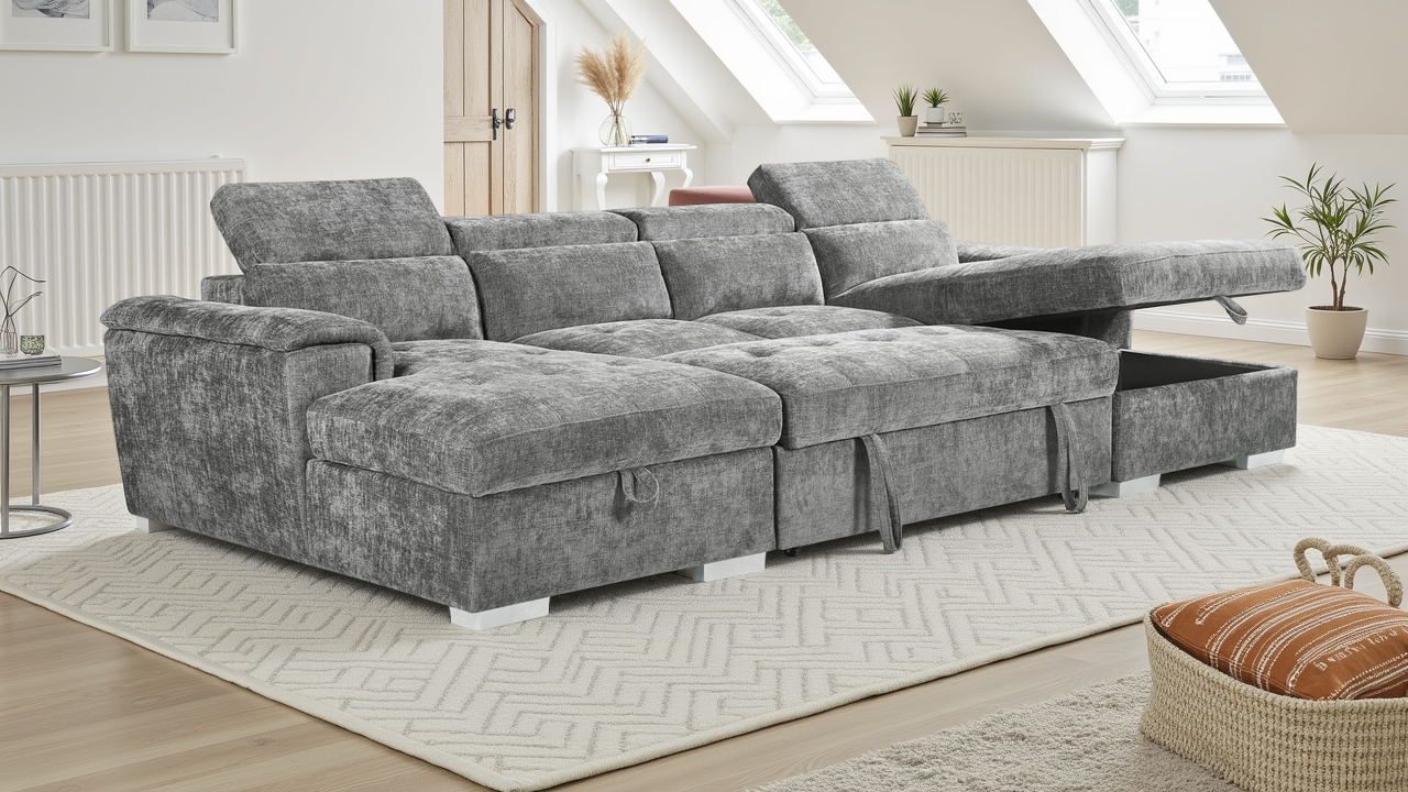 Alaya U-Shape Corner Sofa Bed in Grey | Luxury Fabric Sleeper