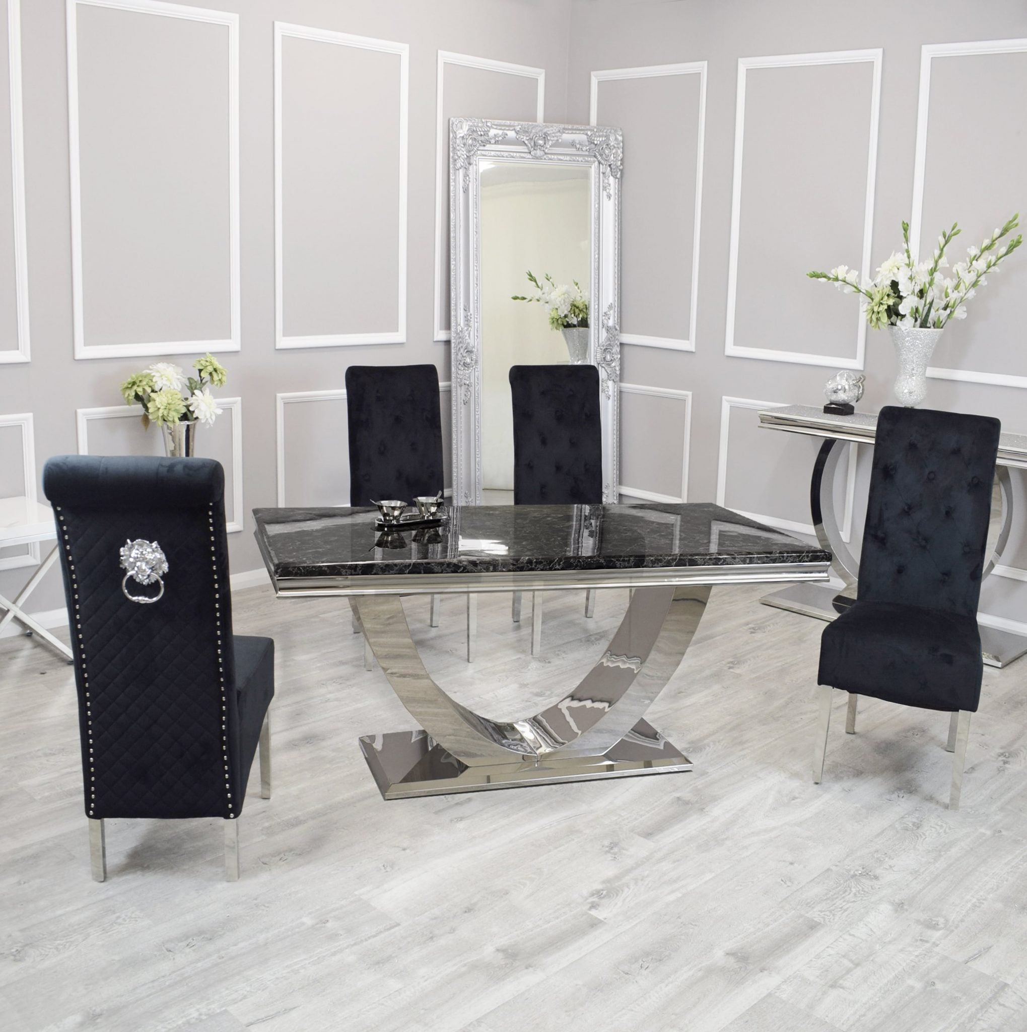 Arial 180cm Black Marble Dining Table with Lucy Black Lion Slim Knocker Plush Velvet Chairs