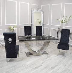 Arial 180cm Black Marble Dining Table with Lucy Black Lion Slim Knocker Plush Velvet Chairs