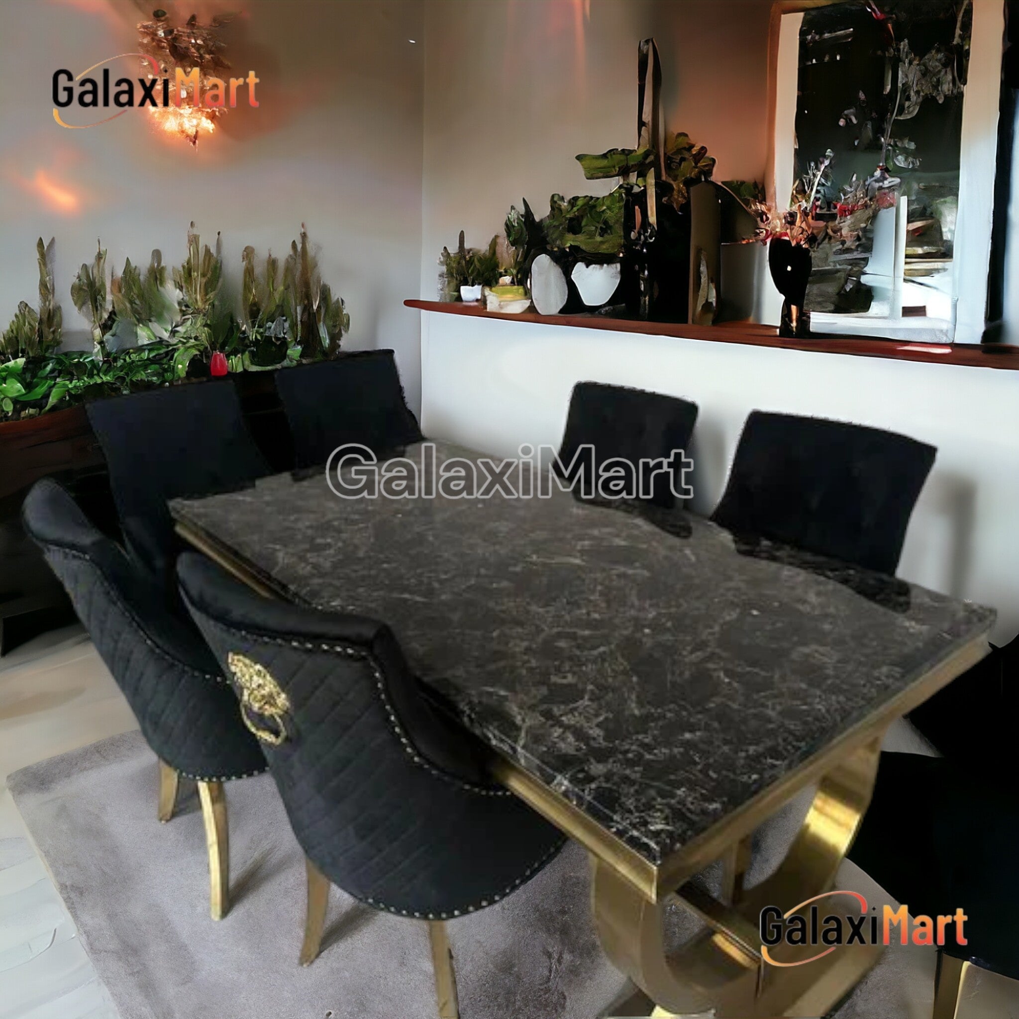 Arianna 180cm Gold Marble Dining Table with Gold Lion Knocker Black Velvet Dining Chairs