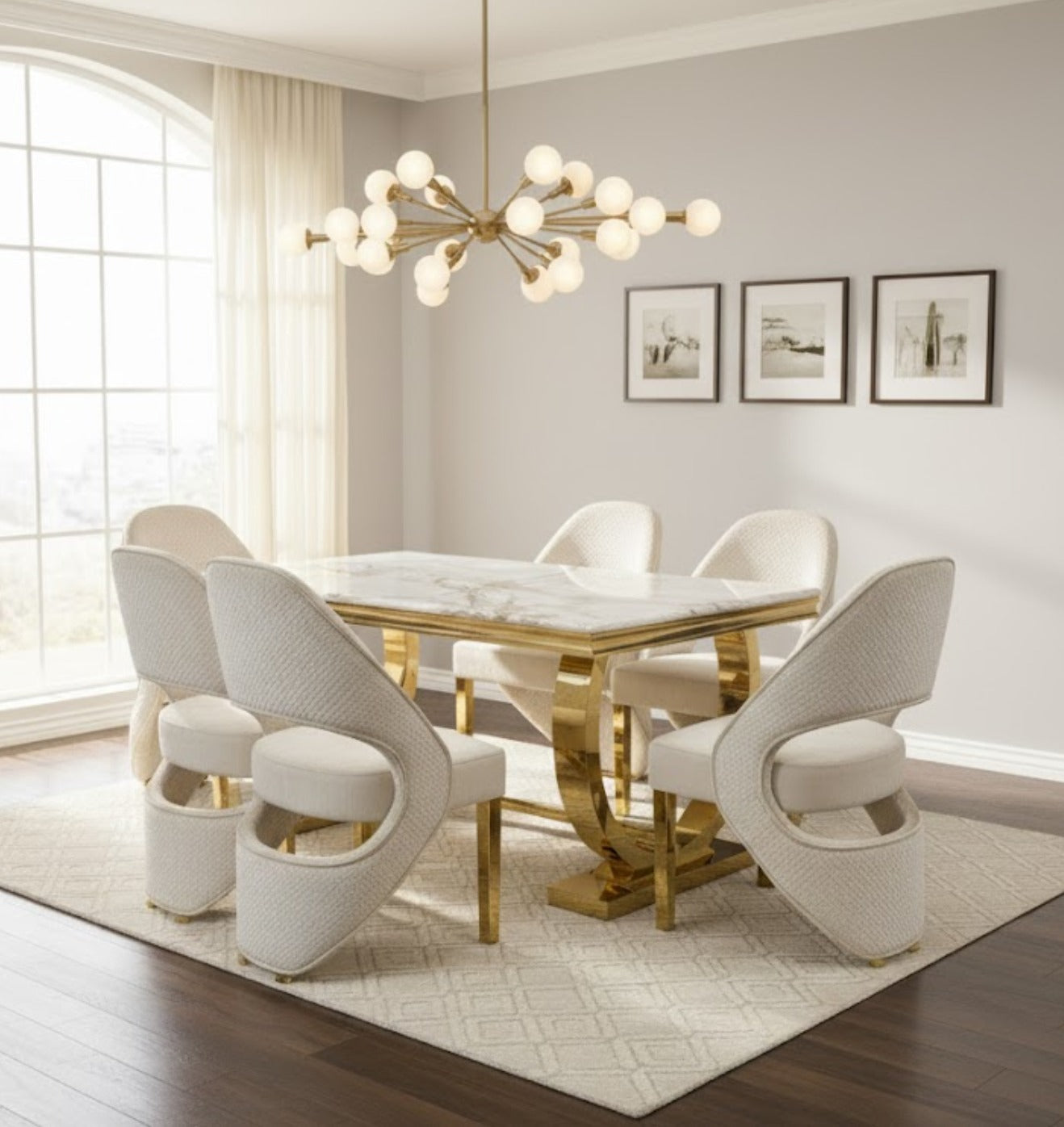 Arianna 160cm Marble & Gold Dining Table With Santos Curve Velvet Chairs Gold Legs