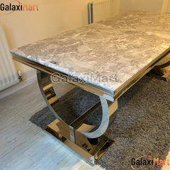 Arianna 180cm Grey Marble Dining Table with Sofia Grey Lion Knocker Plush Velvet Dining Chairs