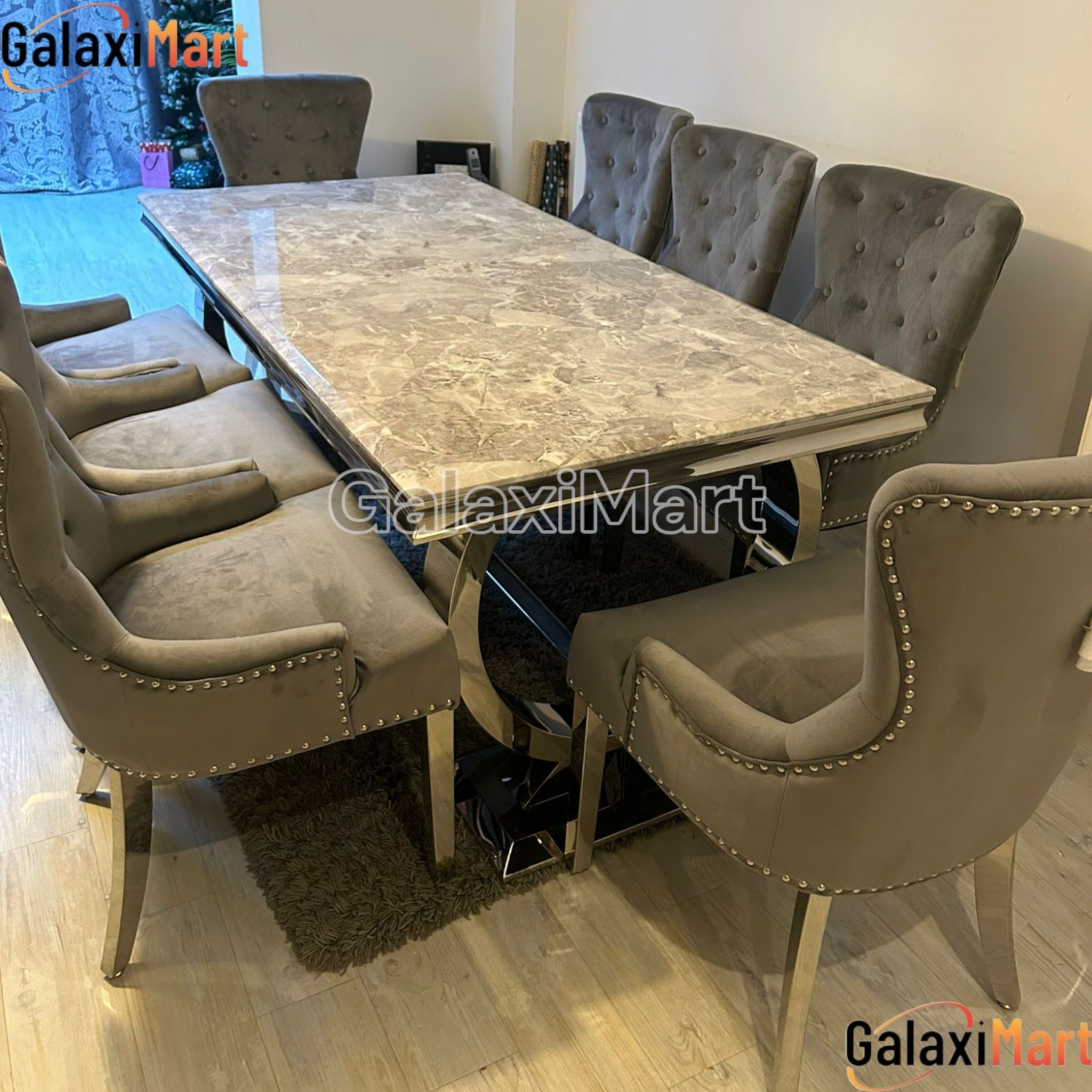Arianna 150/180/200cm Grey Marble Dining Table with Darcy Ring Knocker Velvet Dining Chairs