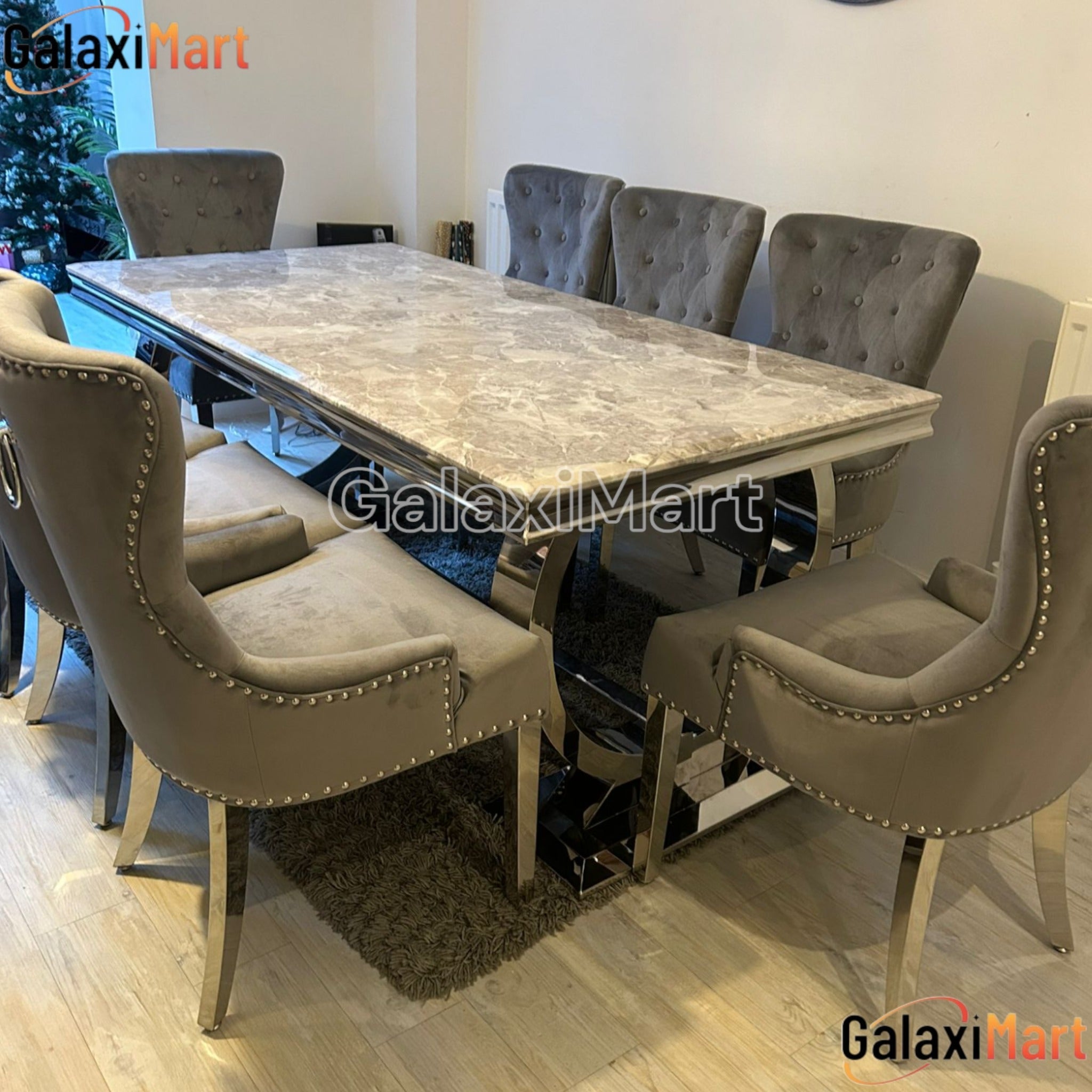Arianna 150/180/200cm Grey Marble Dining Table with Darcy Ring Knocker Velvet Dining Chairs
