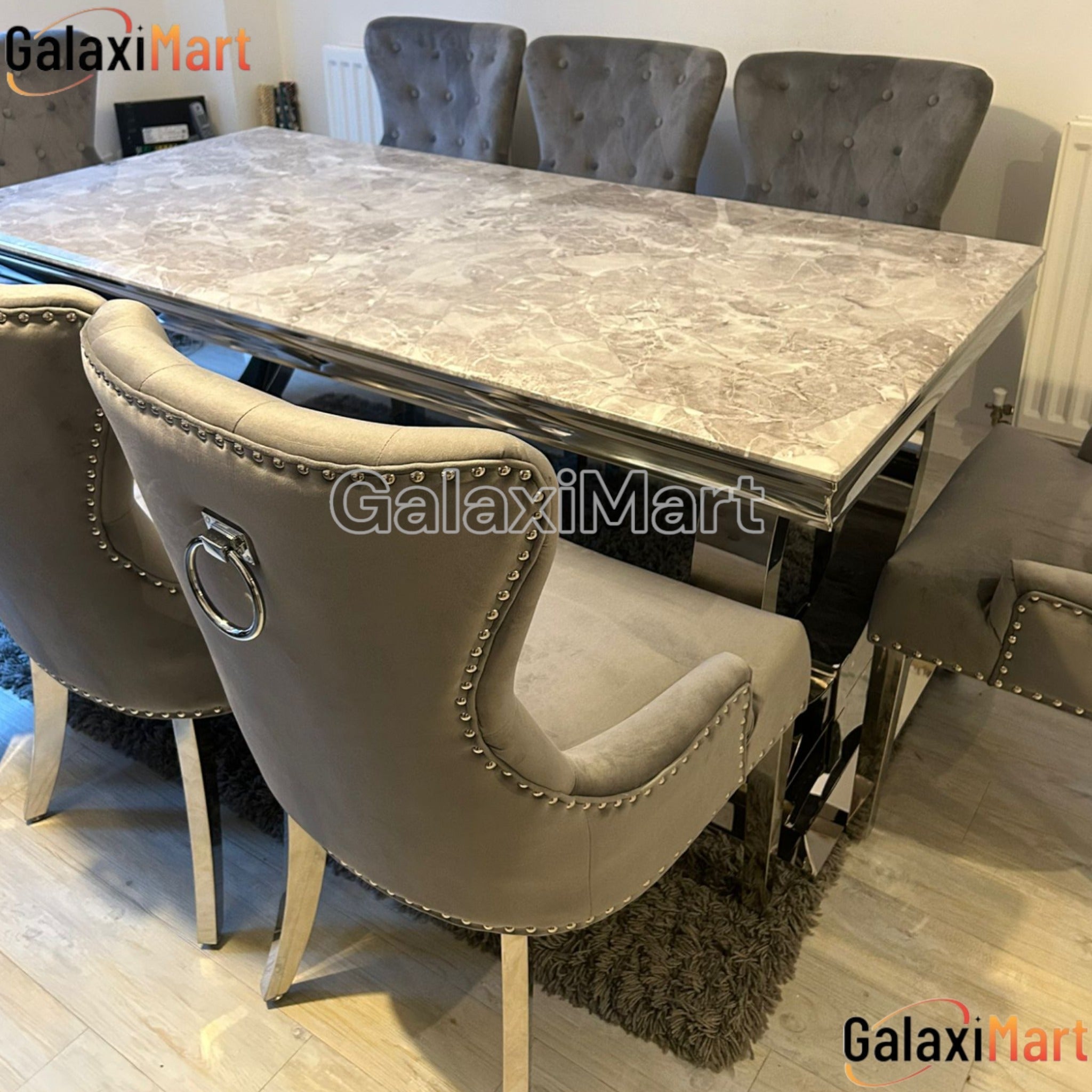 Arianna 150/180/200cm Grey Marble Dining Table with Darcy Ring Knocker Velvet Dining Chairs