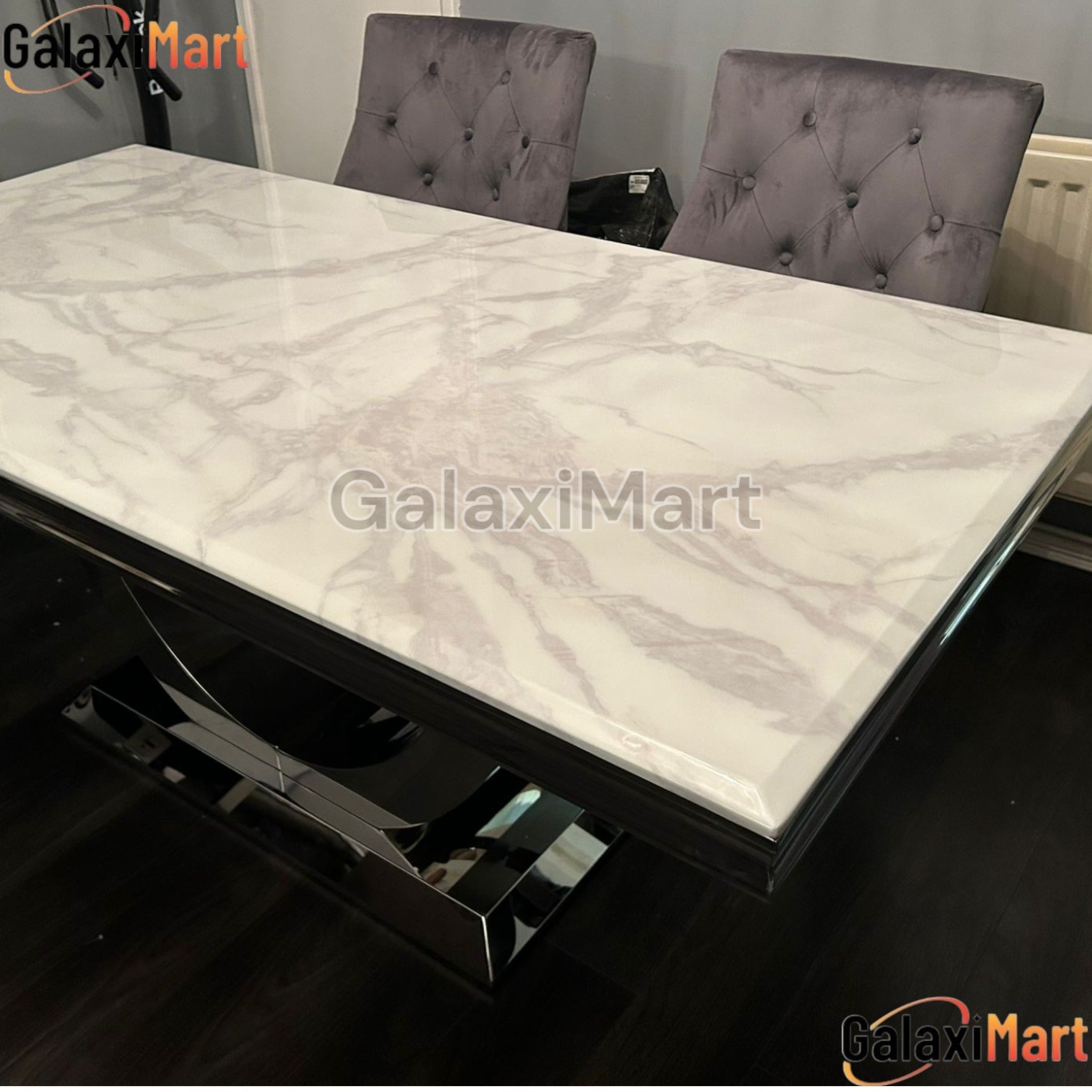 Arial White Marble Dining Table With Loin Knocker Velvet Dining Chairs