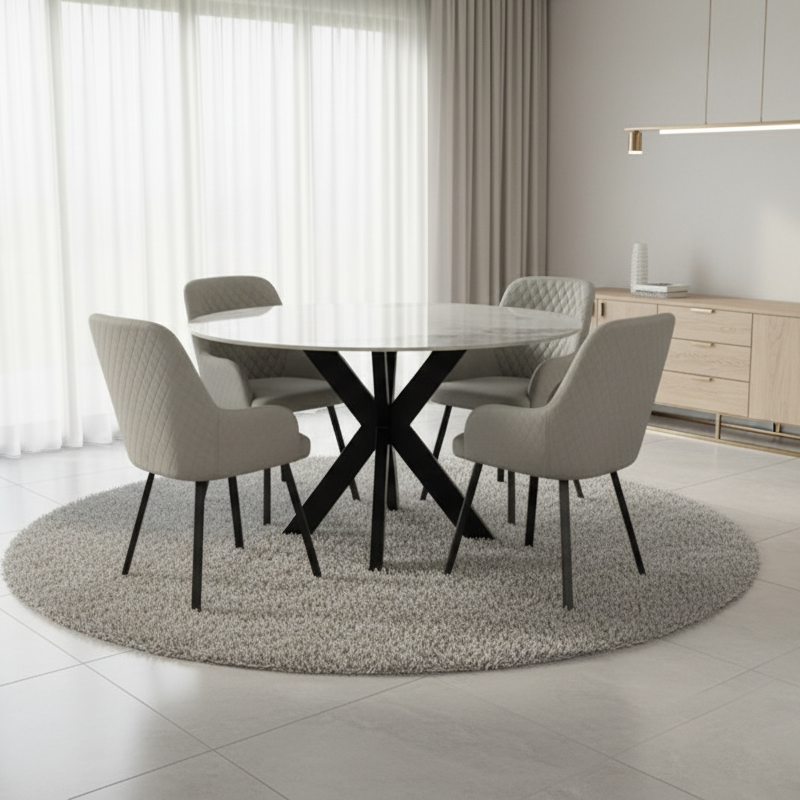 130cm Round White Marble Dining Set | 4 Grey Velvet & PU Leather Chairs
