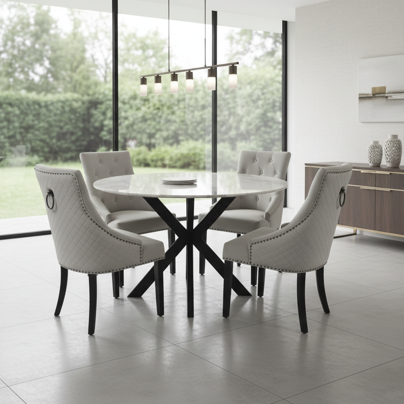 4 Seater Round White Marble Dining Set with Velvet Knocker Chairs