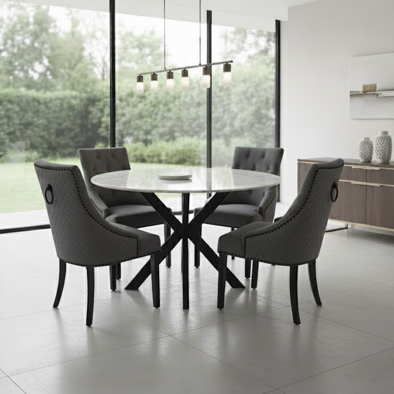 4 Seater Round White Marble Dining Set with Velvet Knocker Chairs