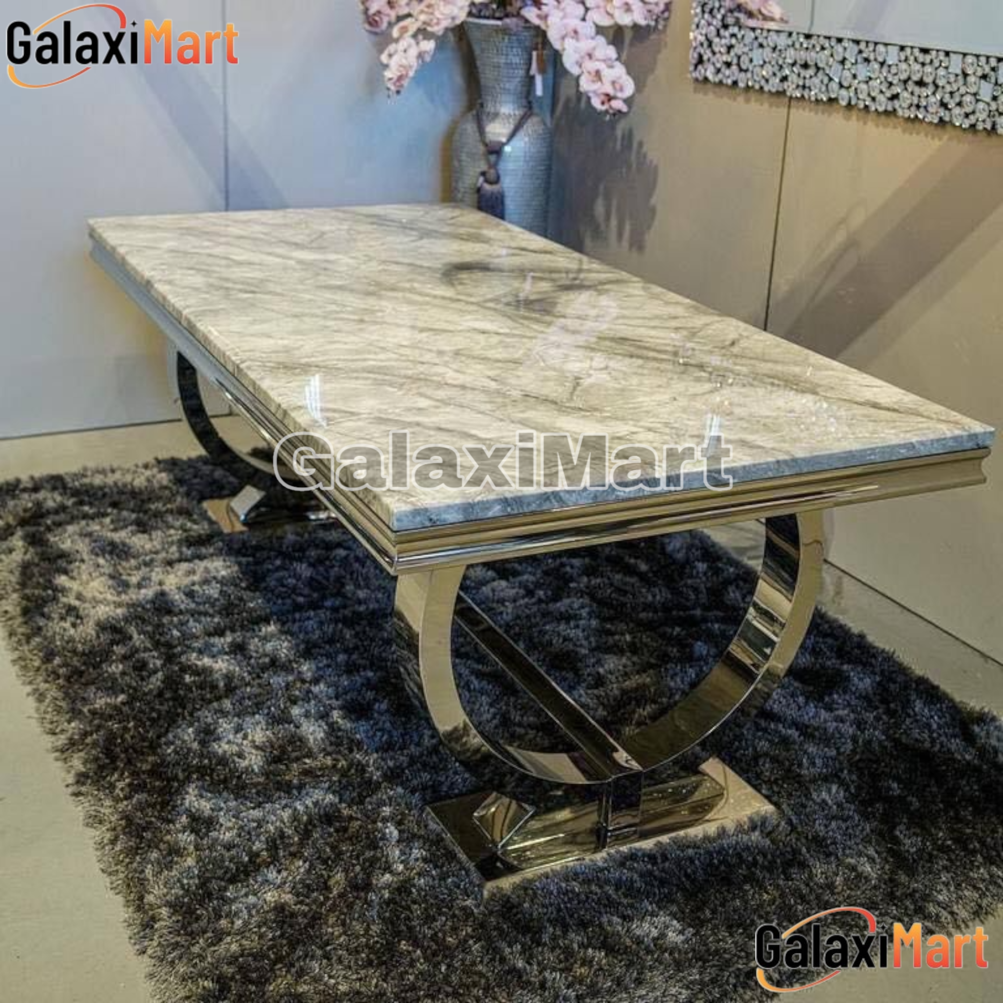 Ariaana 150cm+180cm+200cm Grey Marble Dining Table and Silver Velvet Dining Chairs Rink Knocker