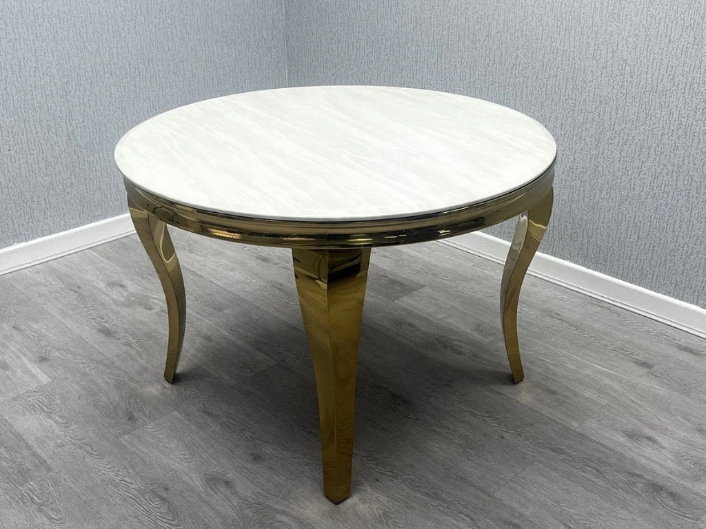 110cm Round Cream Marble Dining Table Set | 4 Gold Dining Chairs | Luxury 110cm Modern Dining Set UK | Premium White Marble Gold Base