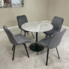 Bentley 90cm Gold & Grey Ceramic Marble Round Dining Table with Black Base and Grey Velvet Dining Chairs