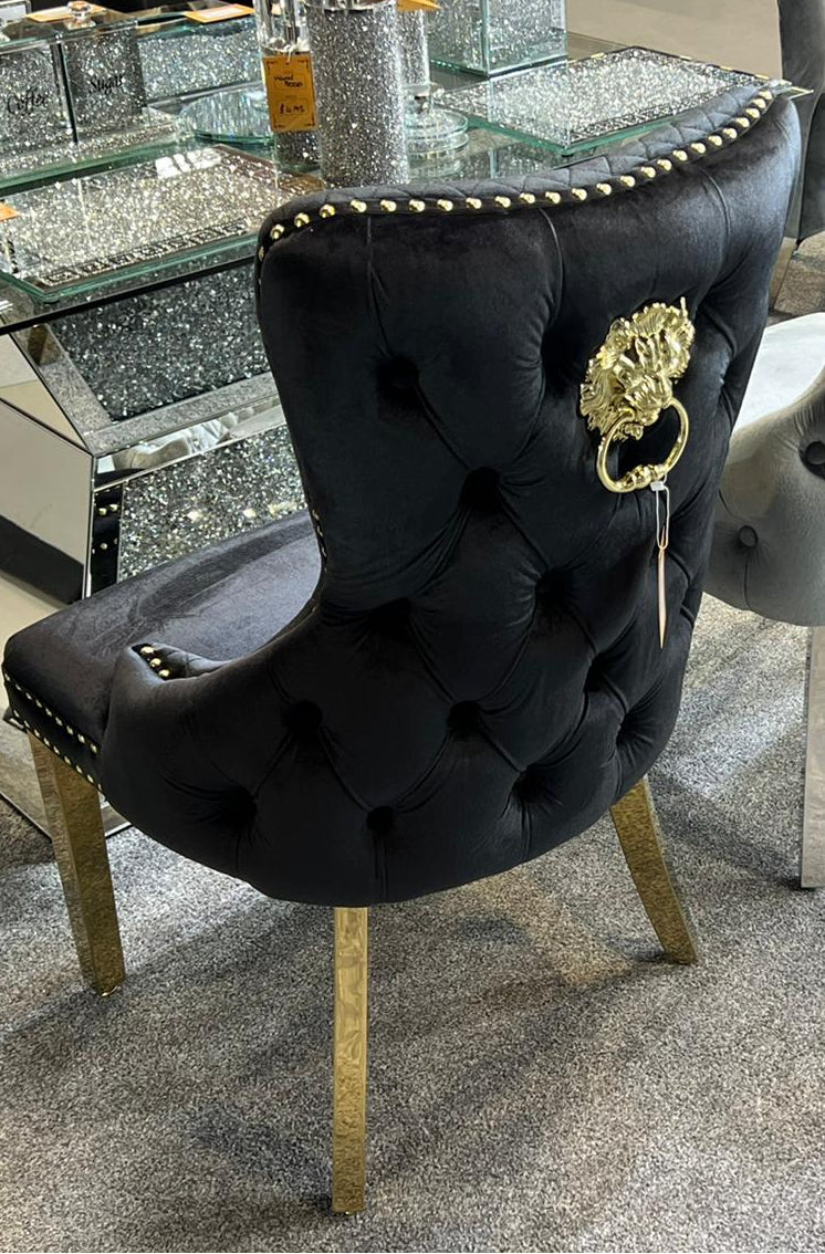 180cm Revello Black & Gold Marble Dining Table with Victoria Gold Lion Knocker Buttoned Back Velvet Chairs