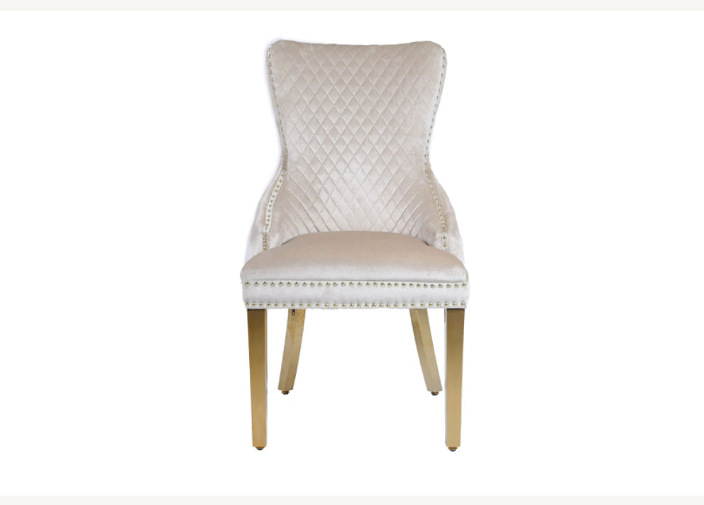 Arianna Gold Marble Dining Table + Victoria Cream and Gold Chairs Lion Knocker
