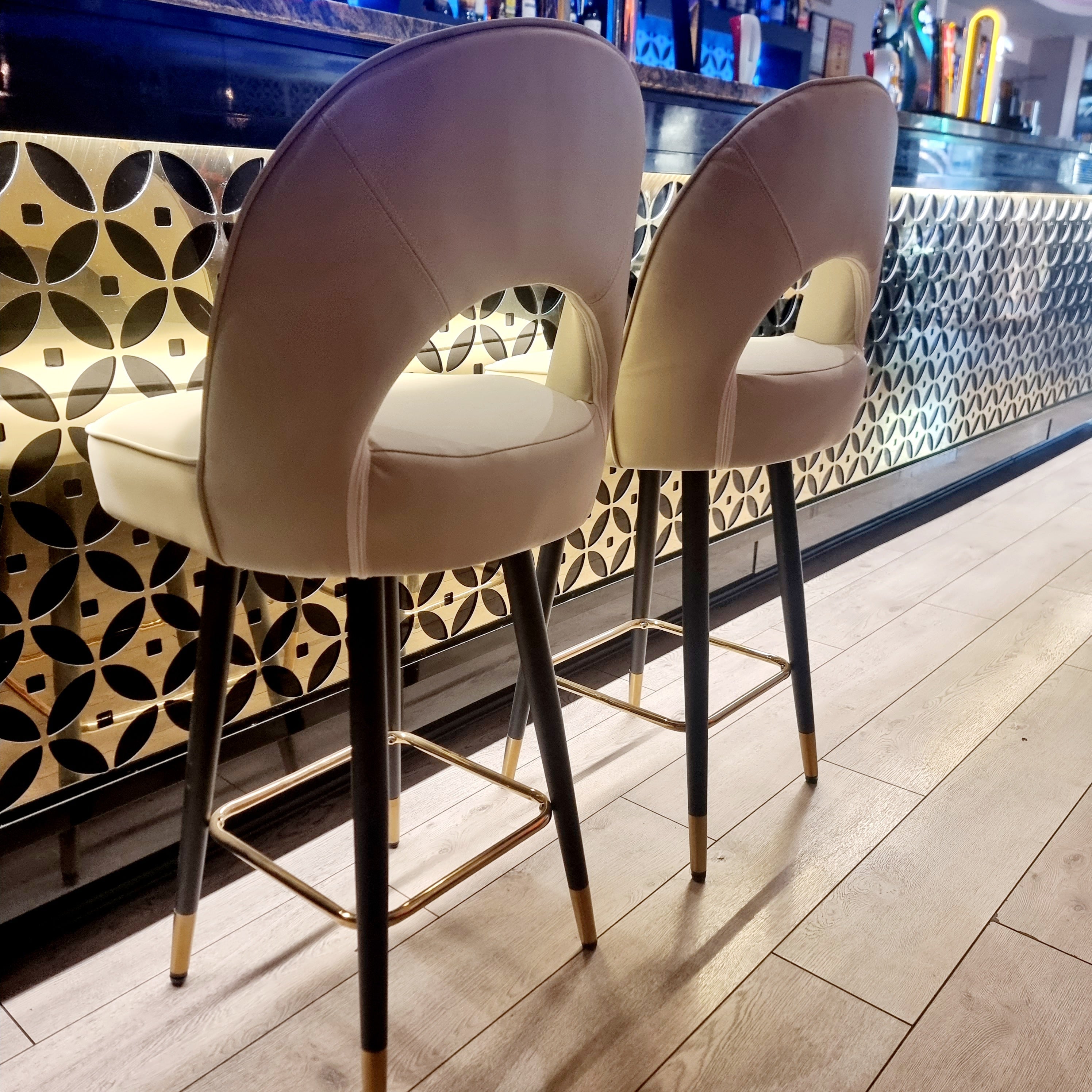 Astra Cream Velvet Bar Stools – Modern Quilted Luxury Bar Chairs with black legs