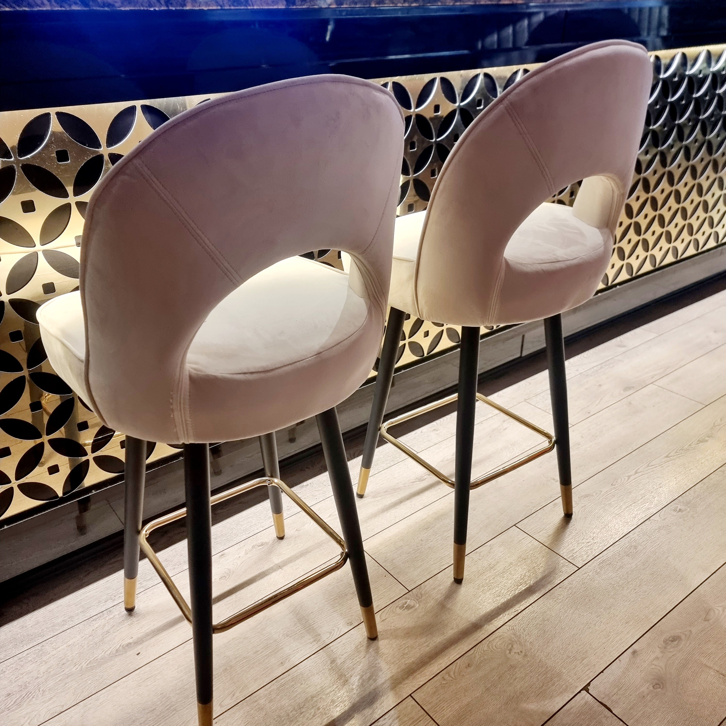 Astra Cream Velvet Bar Stools – Modern Quilted Luxury Bar Chairs with black legs