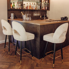 Astra Cream Velvet Bar Stools – Modern Quilted Luxury Bar Chairs with black legs