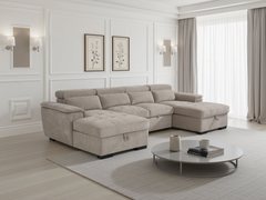Alaya U-Shape Corner Sofa Bed in Beige | Luxury Fabric Sleeper
