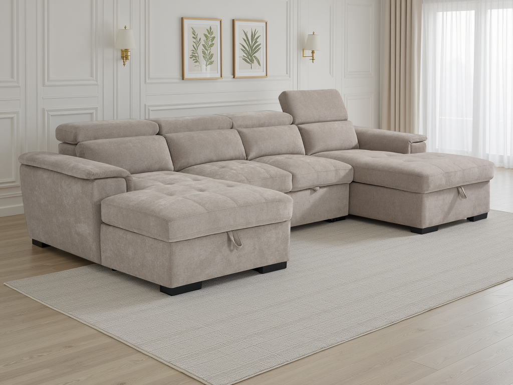 Alaya U-Shape Corner Sofa Bed in Beige | Luxury Fabric Sleeper