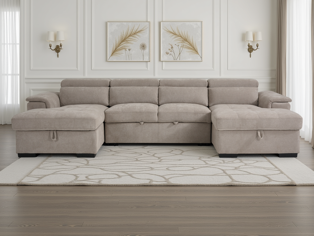 Alaya U-Shape Corner Sofa Bed in Beige | Luxury Fabric Sleeper