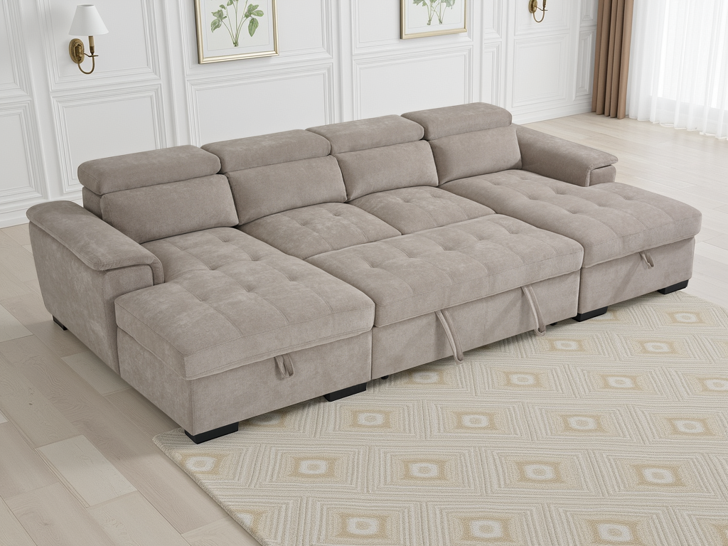 Alaya U-Shape Corner Sofa Bed in Beige | Luxury Fabric Sleeper