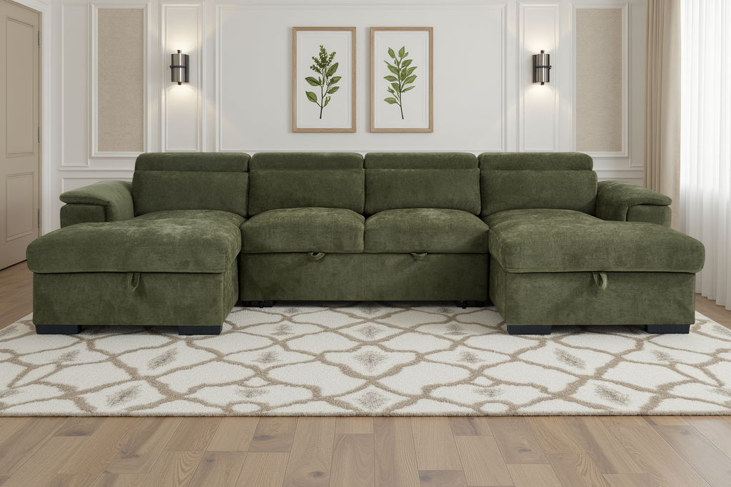 Alaya U-Shape Corner Sofa Bed in Green | Luxury Fabric Sleeper