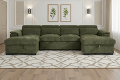 Alaya U-Shape Corner Sofa Bed in Green | Luxury Fabric Sleeper