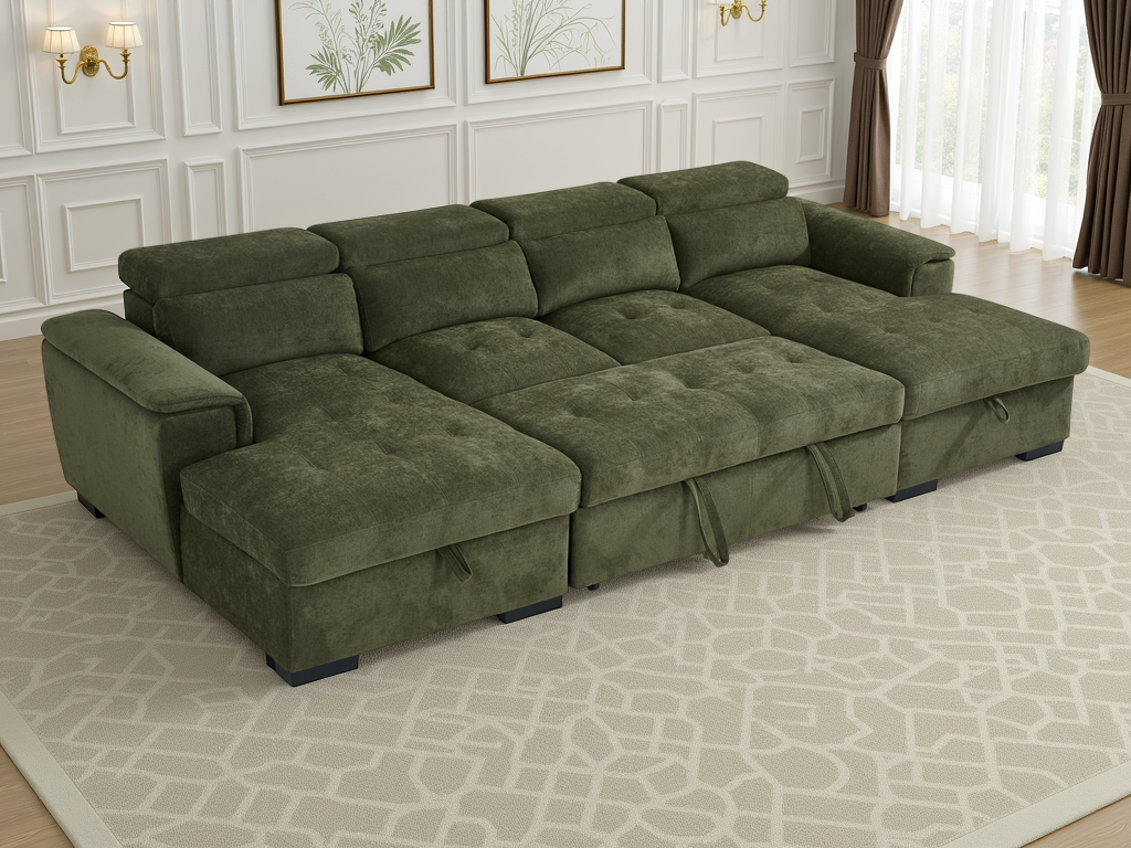 Alaya U-Shape Corner Sofa Bed in Green | Luxury Fabric Sleeper