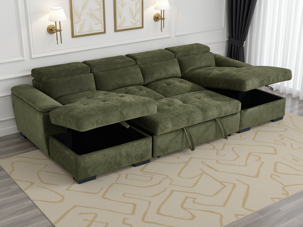 Alaya U-Shape Corner Sofa Bed in Green | Luxury Fabric Sleeper