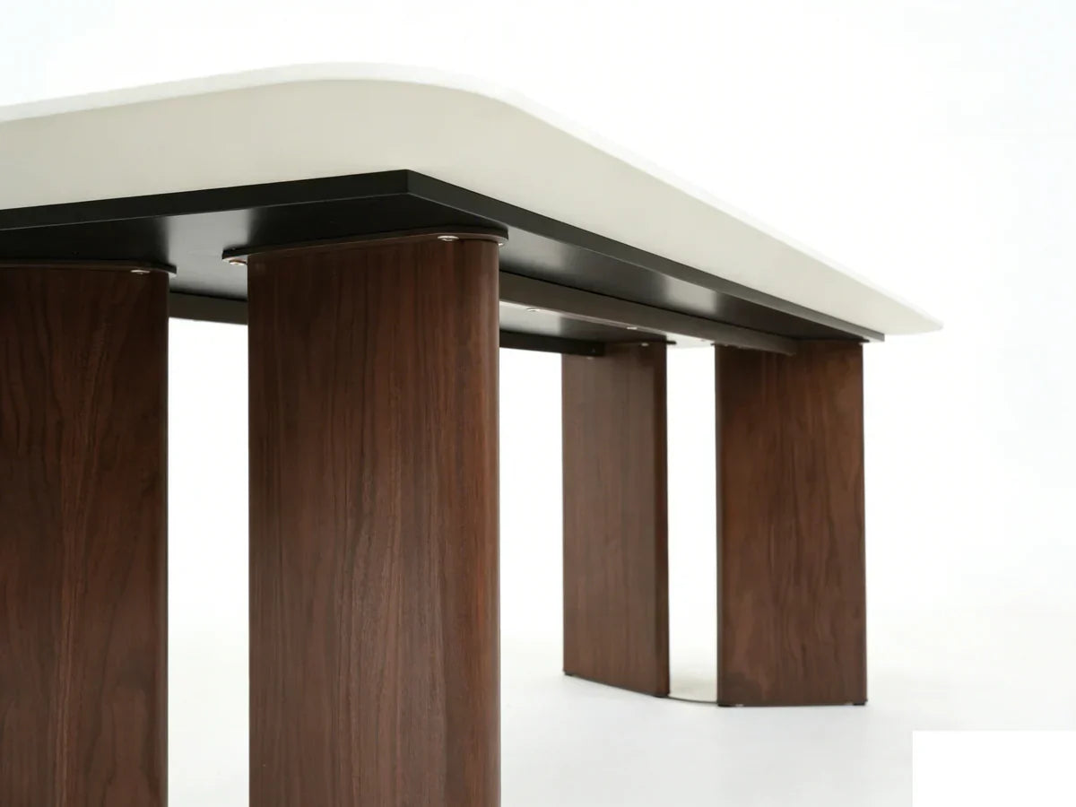 Almira 180cm Walnut & Travertine Dining Table with Mira Walnut & Cream Upholstered Chairs Modern Elegant Luxury Dining Set