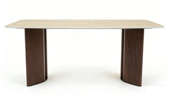 Almira 180cm Walnut & Travertine Dining Table with Tess Walnut & Oatmeal Boucle Chairs Luxury Dining Set