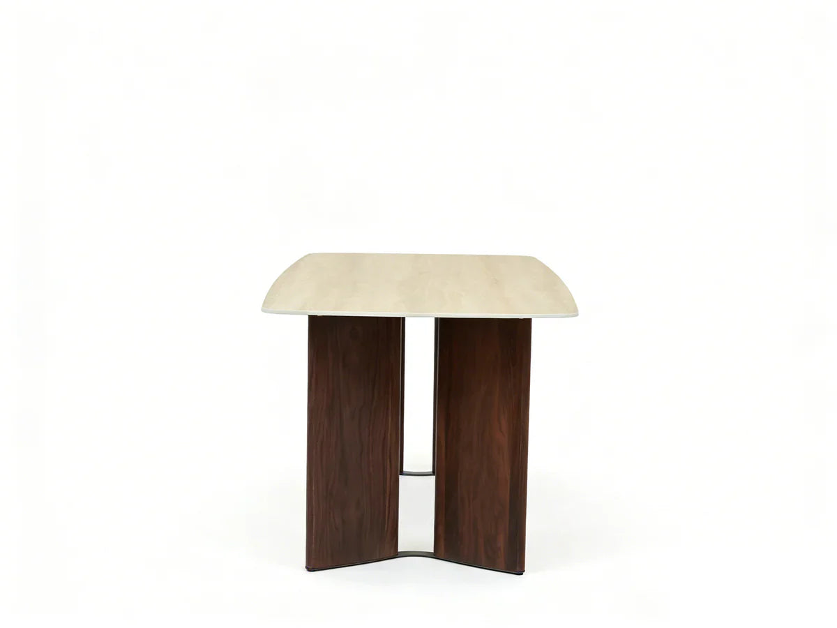 Almira 180cm Walnut & Travertine Dining Table with Tess Walnut & Oatmeal Boucle Chairs Luxury Dining Set