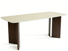 Almira 180cm Walnut & Travertine Dining Table with Tess Walnut & Oatmeal Boucle Chairs Luxury Dining Set