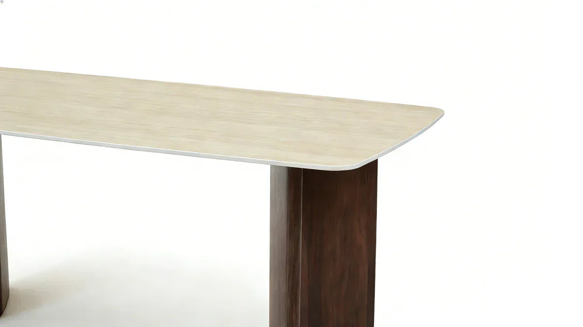 Almira 180cm Walnut & Travertine Dining Table with Tess Walnut & Oatmeal Boucle Chairs Luxury Dining Set