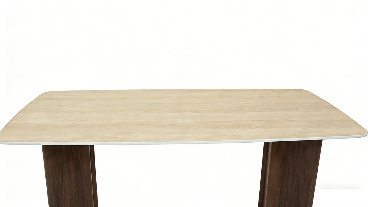 Almira 180cm Walnut & Travertine Dining Table with Catello Walnut & Cream Dining Chairs