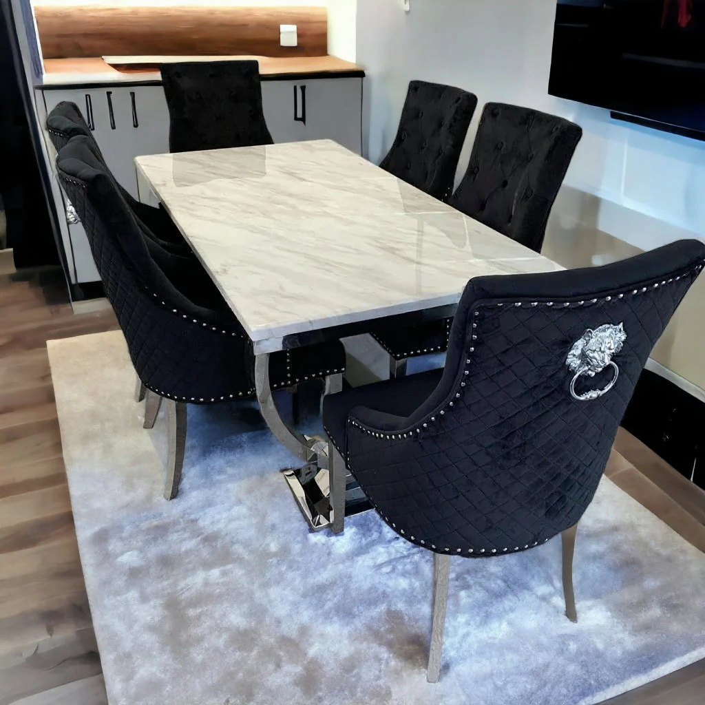 Ariaana 150cm + 180cm + 200cm White Marble Dining Table With Majestic Lion Knocker Black Velvet Dining Chairs