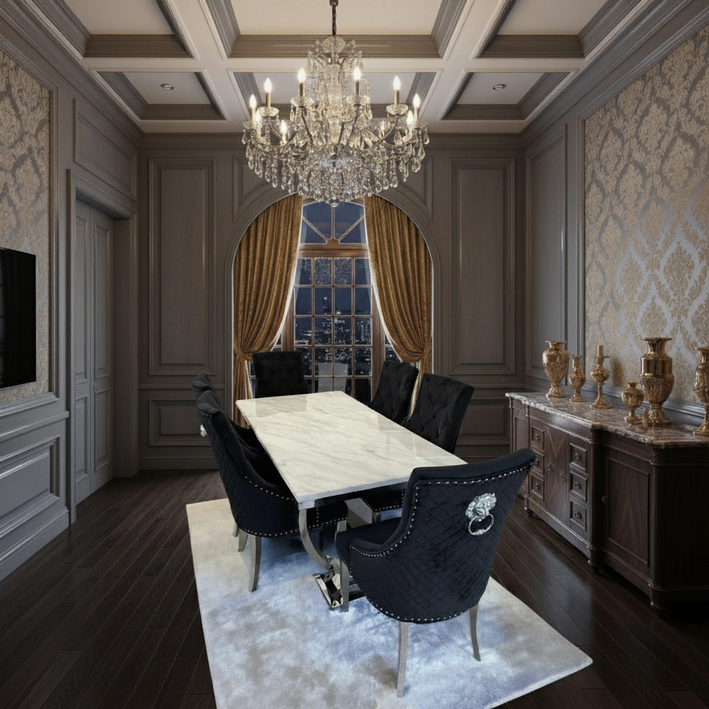 Ariaana 150cm + 180cm + 200cm White Marble Dining Table With Majestic Lion Knocker Black Velvet Dining Chairs