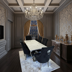 Ariaana 150cm + 180cm + 200cm White Marble Dining Table With Majestic Lion Knocker Black Velvet Dining Chairs