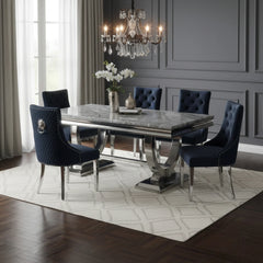 Ariaana 150cm + 180cm + 200cm White Marble Dining Table With Majestic Lion Knocker Black Velvet Dining Chairs