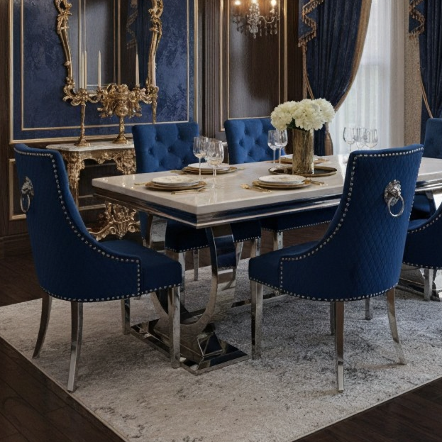 Arianna Cream Marble Dining Table with Mink Lion Knocker Velvet Dining Chairs and High Back Bench – Luxury Dining Set