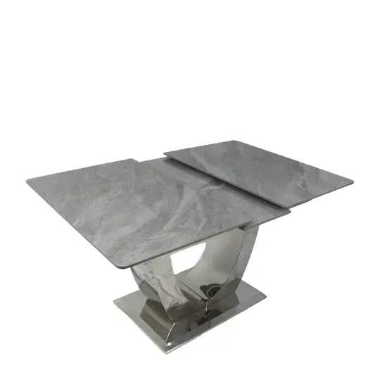 Arial 1.2–1.5m Extending Grey Ceramic Marble Dining Table with Lasco Velvet Dining Chairs – Luxury Modern Dining Set